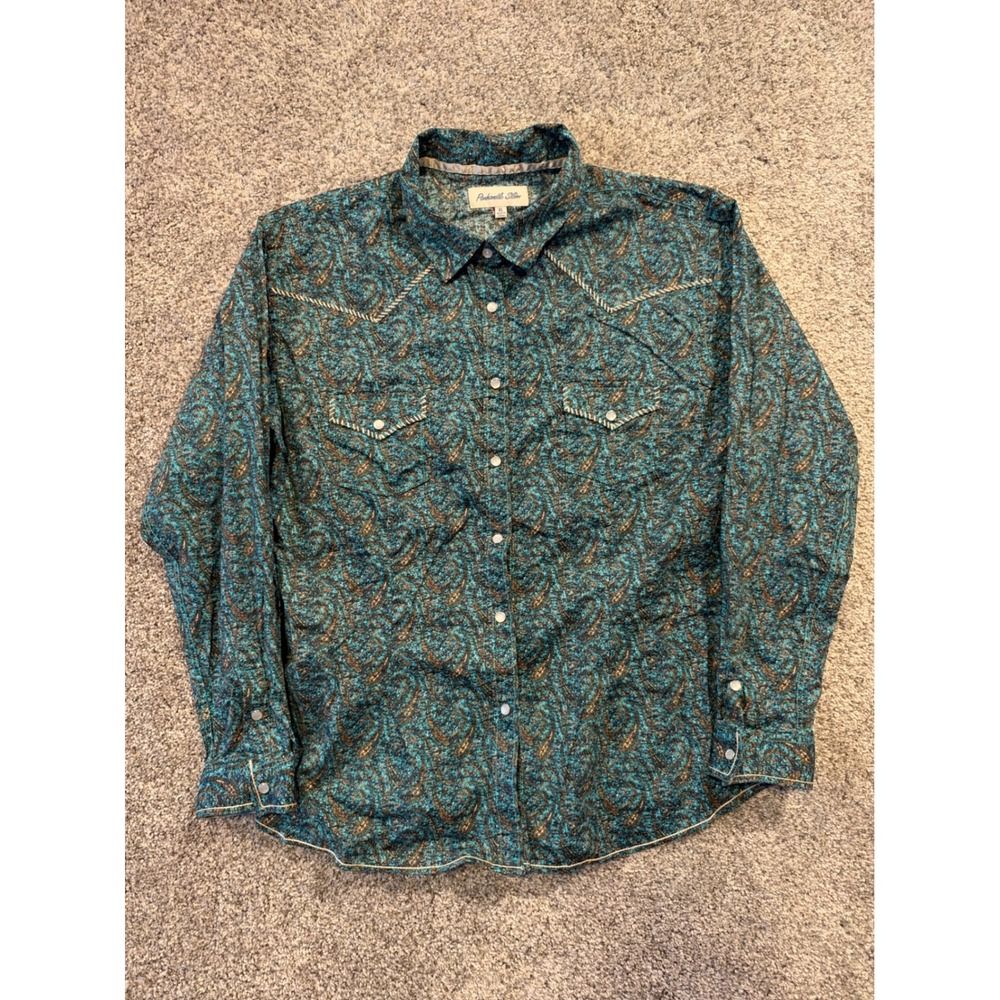 Panhandle Slim Shirt Womens XL Teal Paisley Western Pearl Snap Button Down Top